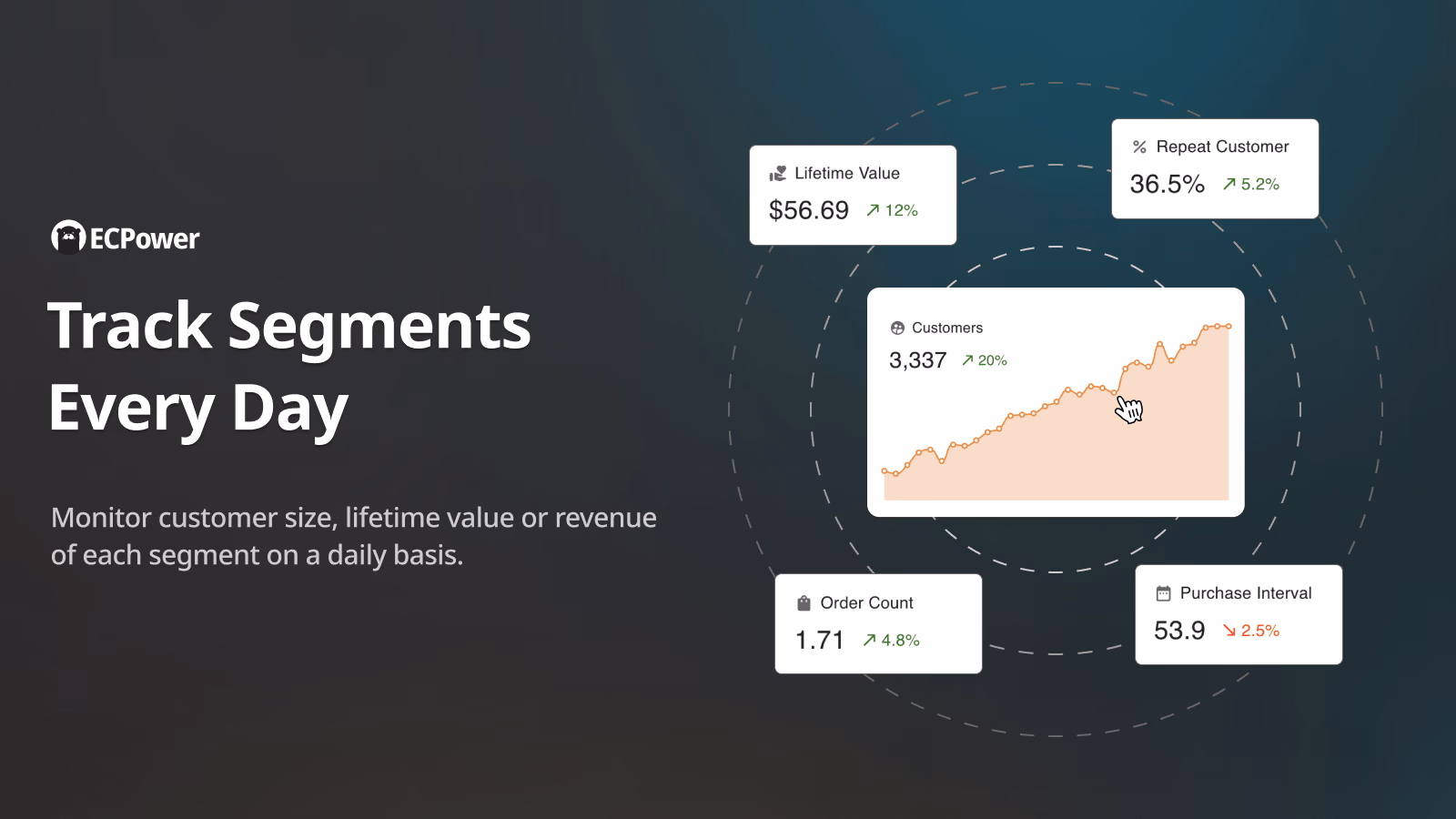 Dashboard showing customer segments and growth metrics.