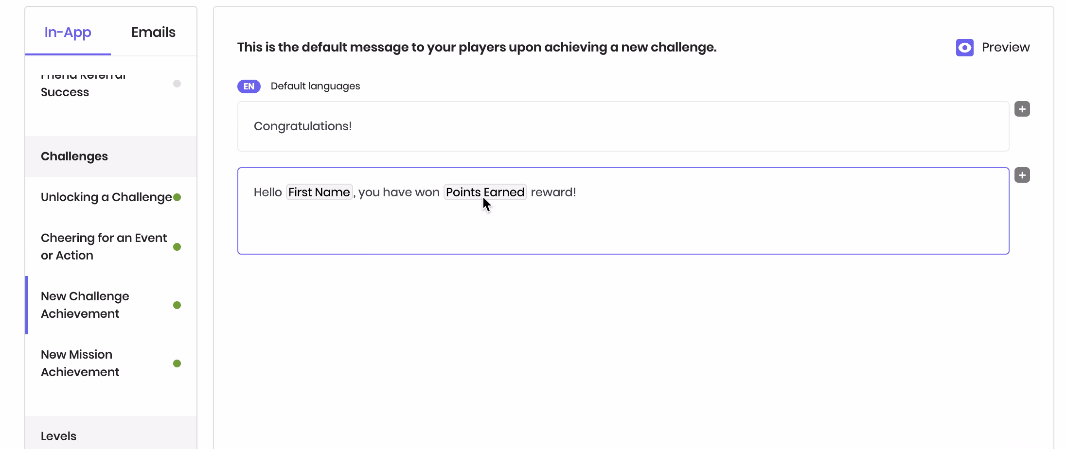 Configuration panel for in-app challenge messages: "Hello First Name, you have won Points Earned reward!" is visible.
