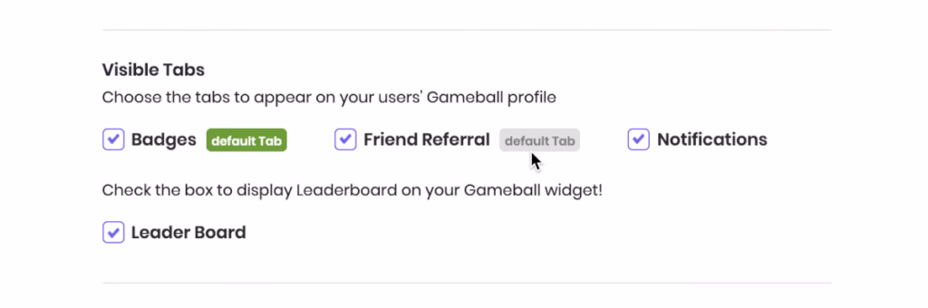 Checkboxes allow enabling Badges, Referral, Notifications, and Leaderboard in Gameball widgets.