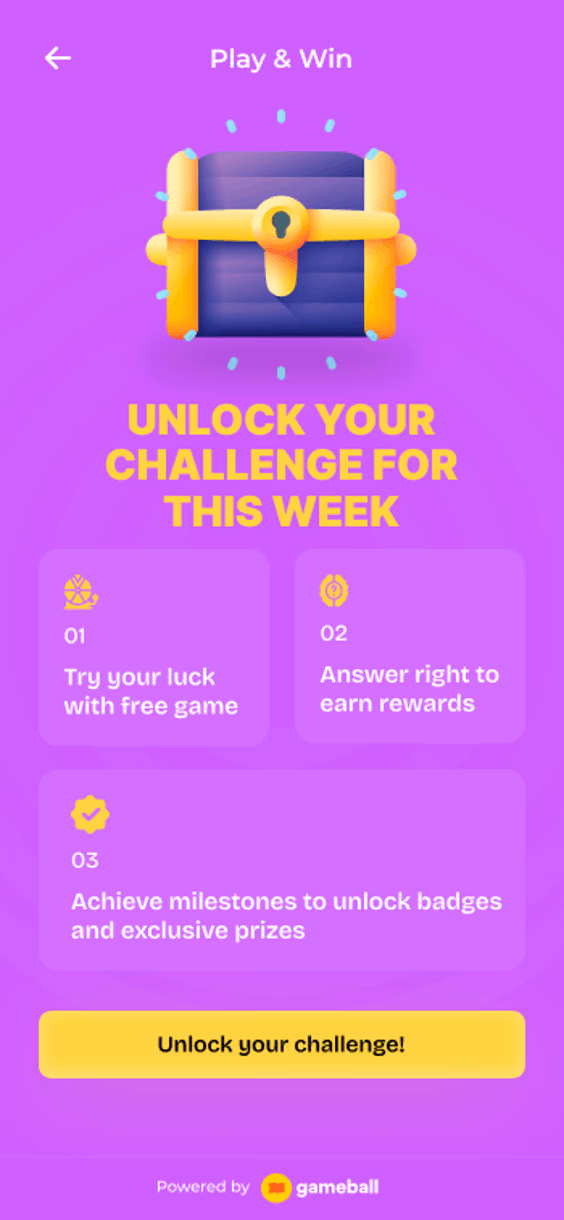 Screenshot for “Play and Win” challenges and rewards app, with a gold treasure chest.