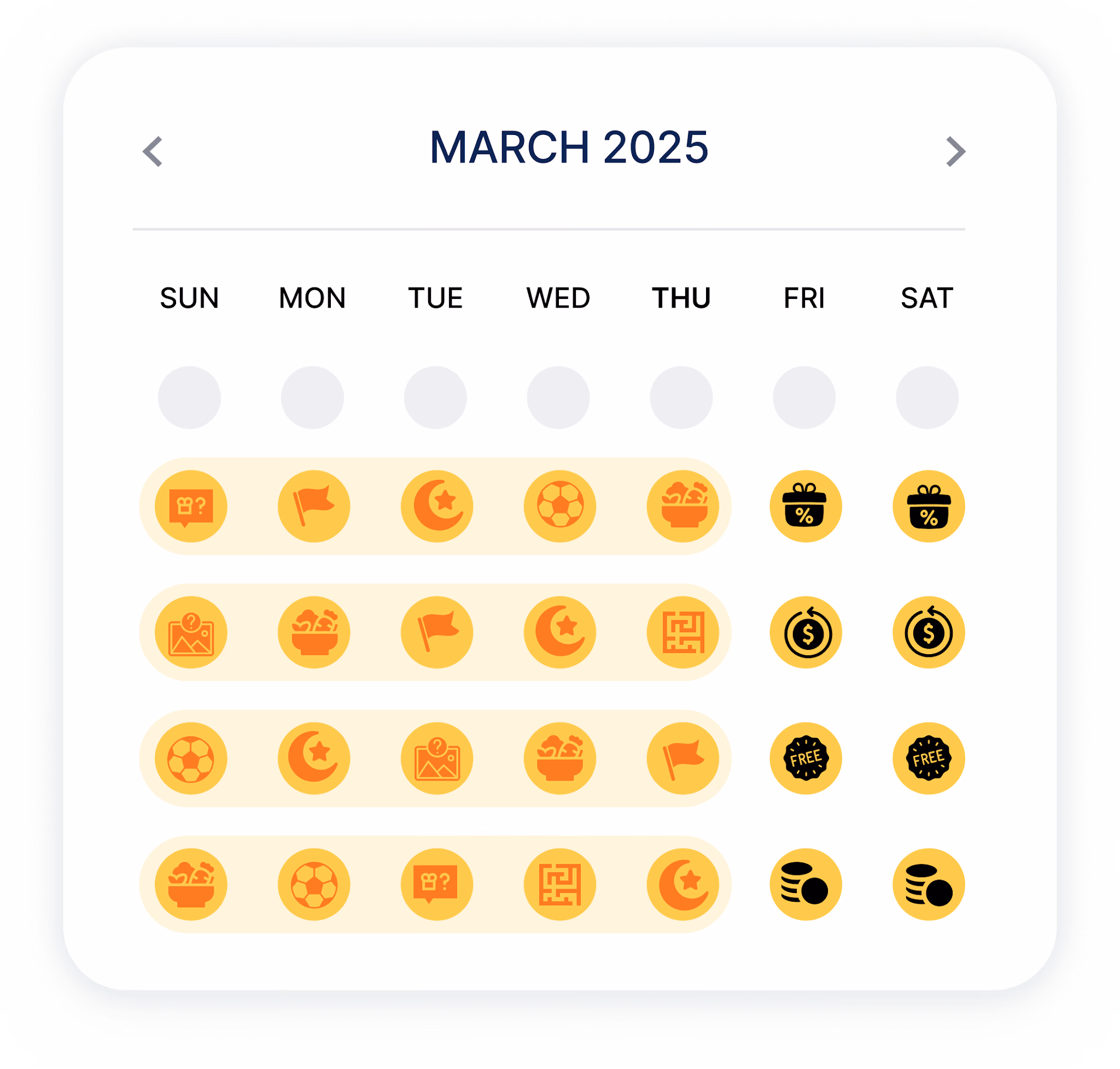 Calendar view of March 2025 with event icons for food, free items, discounts and more.