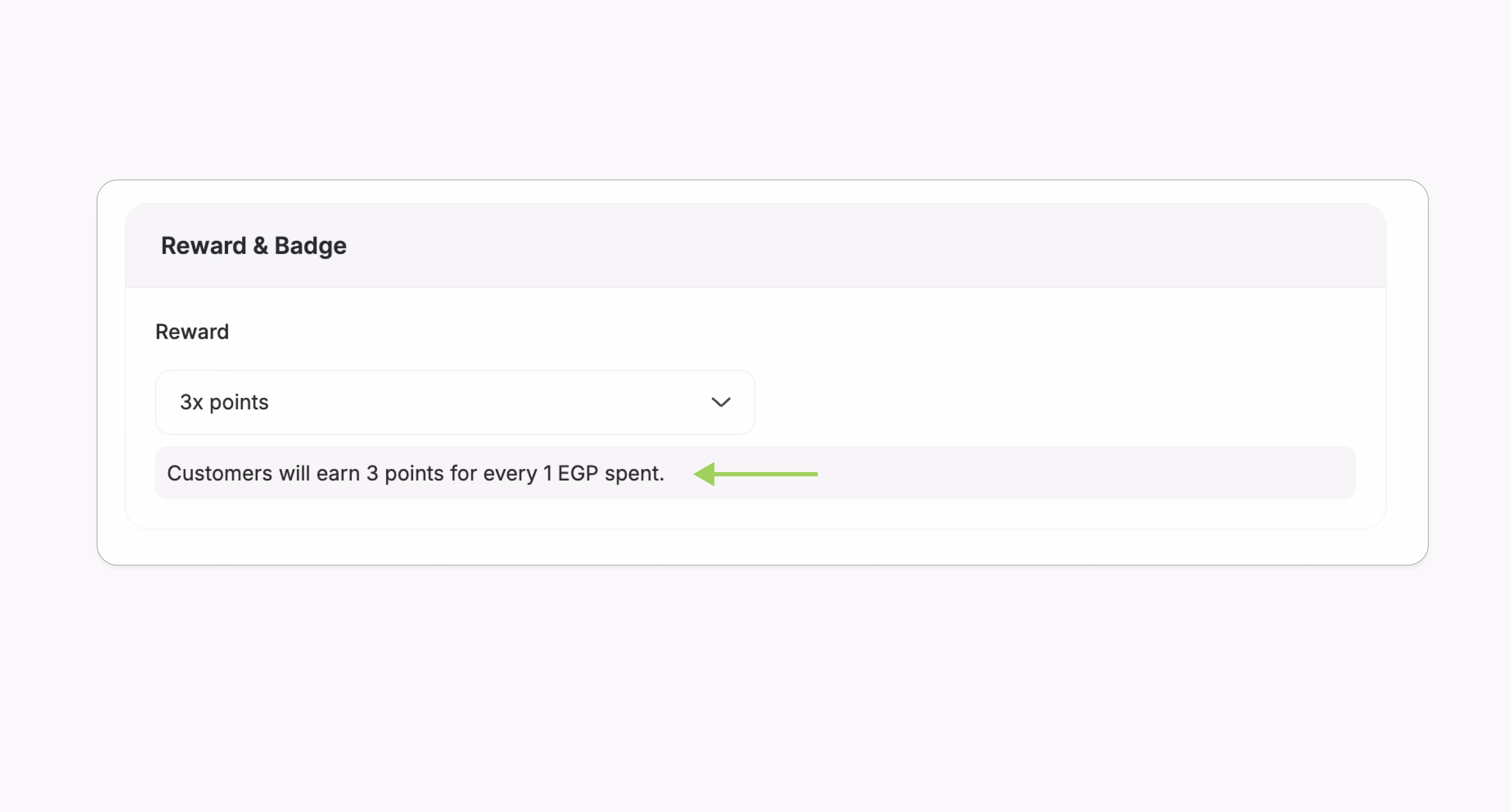 Point reward settings showing "customers will earn 3 points for every 1 EGP spent."