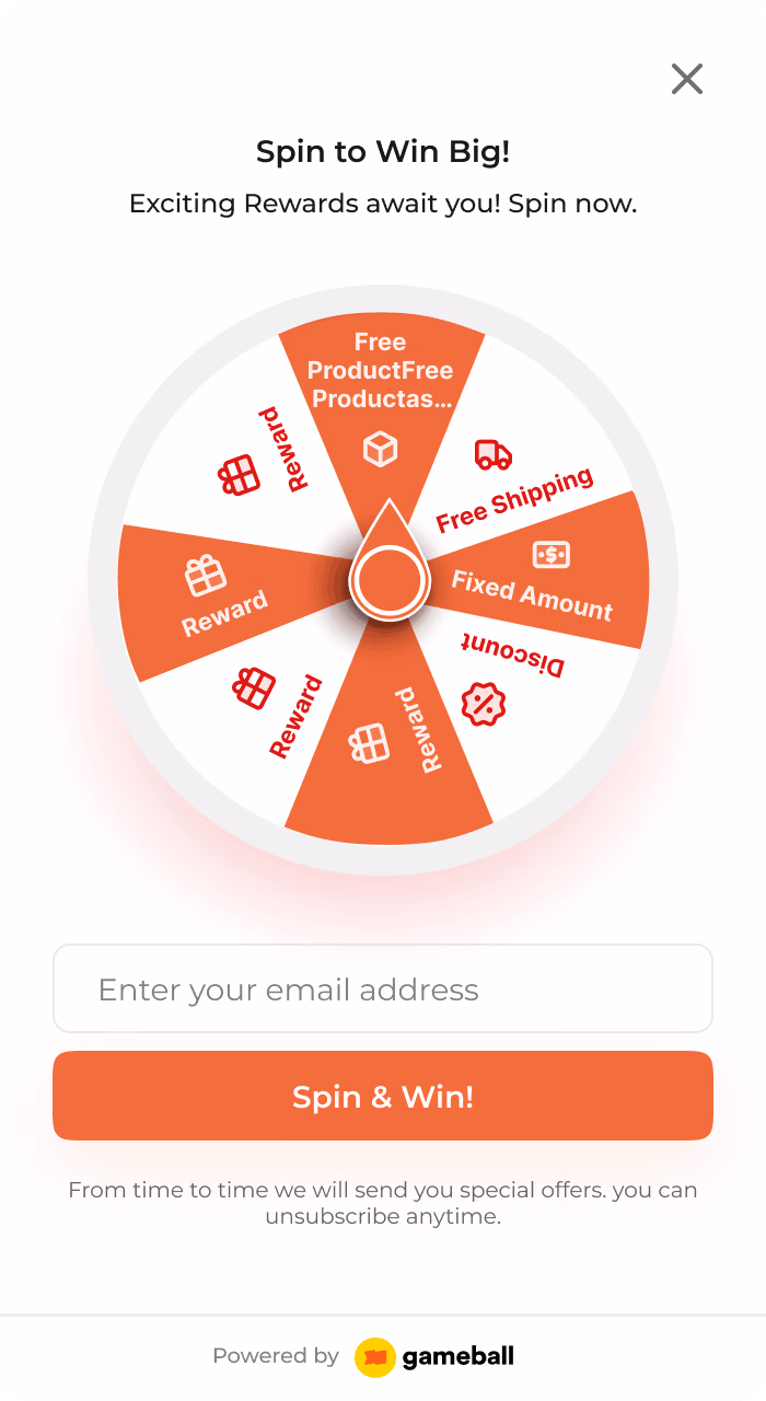 Spin to Win graphic features a prize wheel with "Free Products", "Free Shipping", "Fixed Amount" and "Reward" prizes.