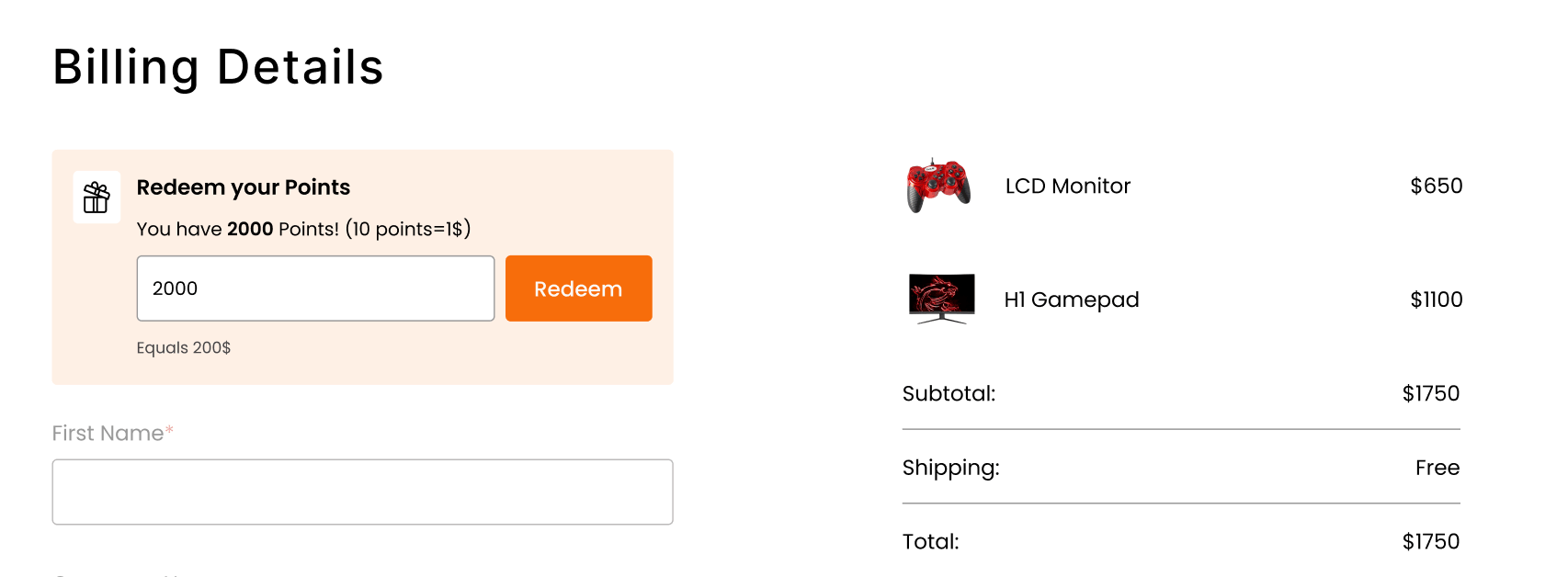 Billing details, including redemption of points and costs for an LCD monitor and H1 gamepad.