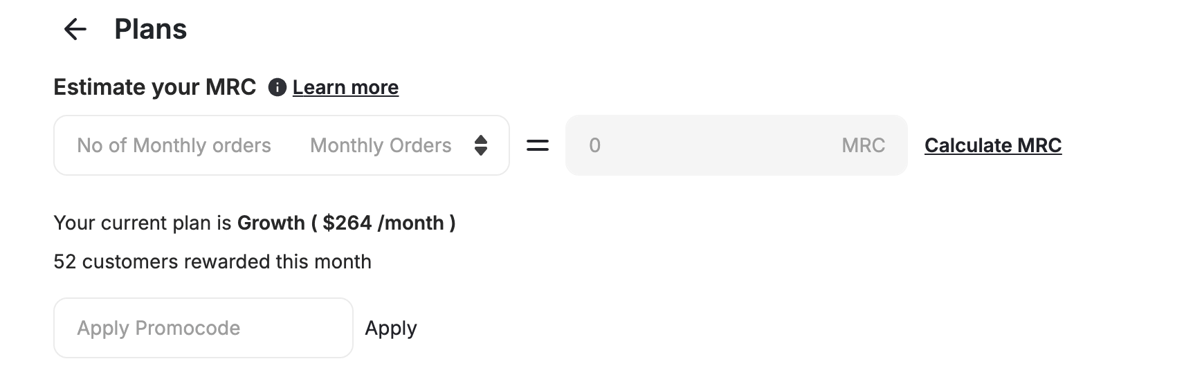 "Estimate your MRC" form with fields for monthly orders and a current plan is Growth.
