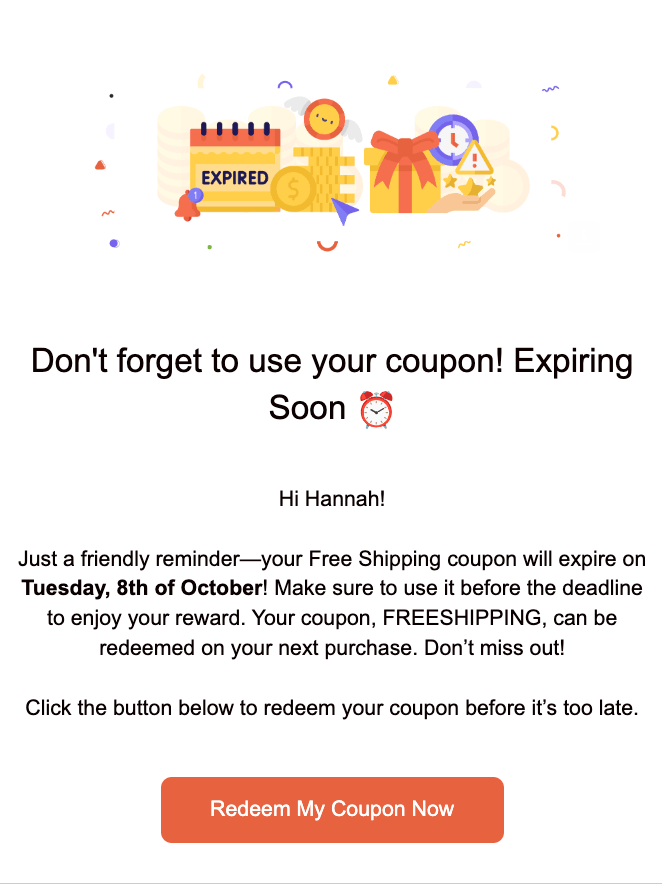 Expired coupon reminder with calendar, dollar coins, gift, and a clock icon.