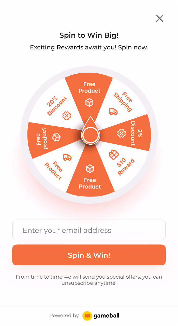 Marketing game showing a prize wheel with email input and 'spin to win" button.