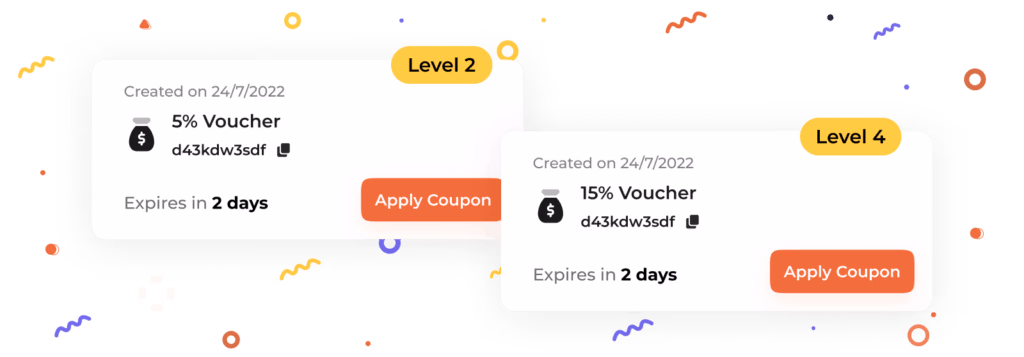 Voucher codes for levels 2 and 4 with 5% and 15% discounts, expiring in 2 days.