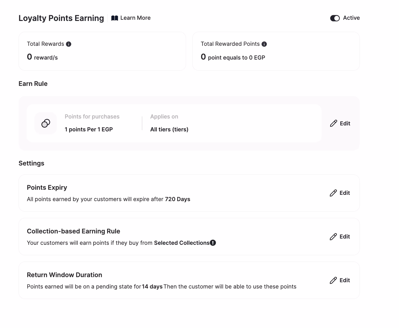 Screenshot of a Loyalty Points Earning rules & settings dashboard: Total Rewards 0, 1 point per EGP for all tiers, 720 days expiry.
