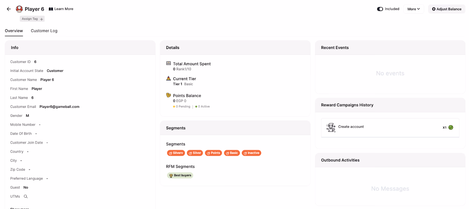 Customer profile for "Player 6" displaying account info, details, and segments.