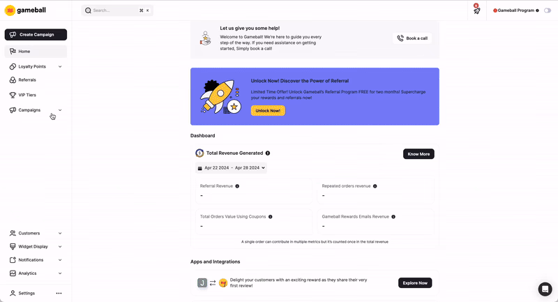 Gameball user interface, showing the dashboard with referral program promo and analytics.
