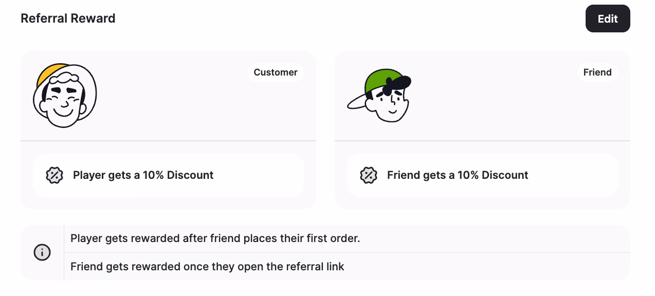 Referral reward information, including discounts for player and friend using cartoon icons.
