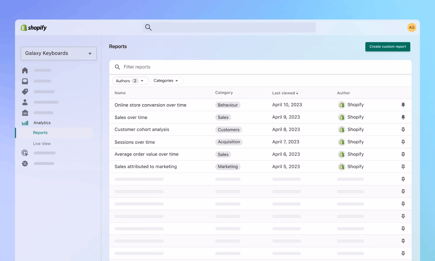 Shopify admin dashboard showing reports and analytics for "Galaxy Keyboards" store.