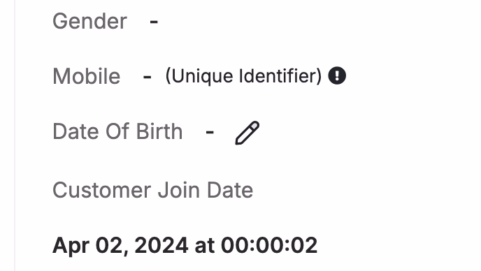 Form fields with gender, mobile, date of birth, and join date indicated.