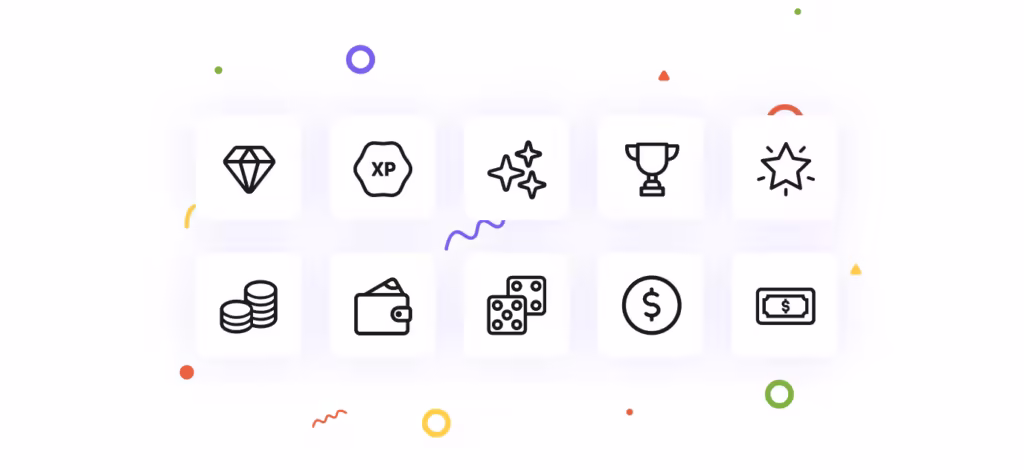 A set of outline icons: diamond, XP, stars, trophy, coins, wallet, dice, and money.