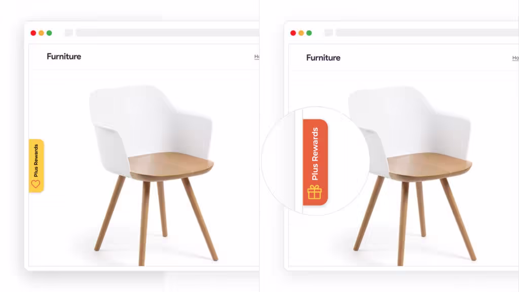 A furniture store's website shows rewards membership buttons on a chair listing.