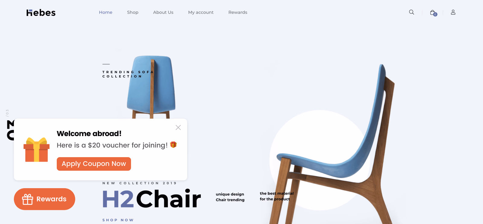 Website for "Hebes" displaying a blue and wood chair with a new customer discount pop-up.