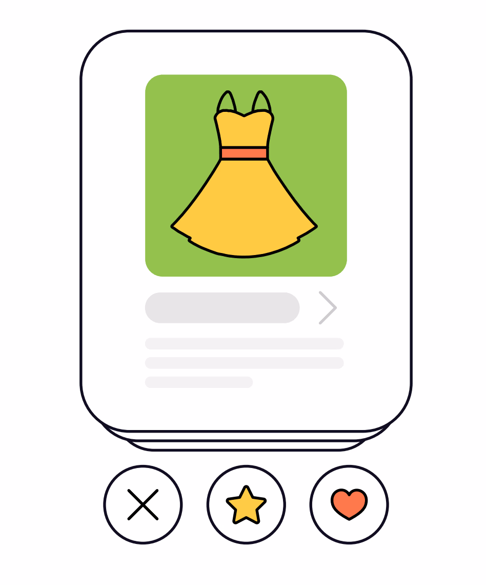 Drawn app screen shows a dress with buttons for dislike, save, and like.