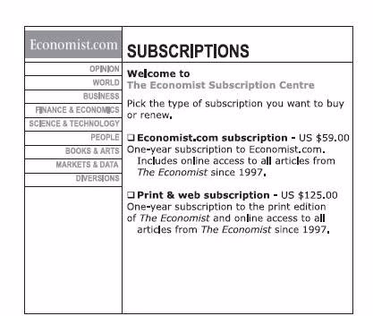 Screenshot of the Economist subscriptions page offering digital and print options.