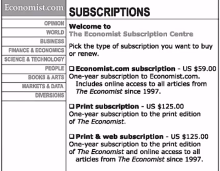 The Economist's subscription page, listing options for online, print, and both.