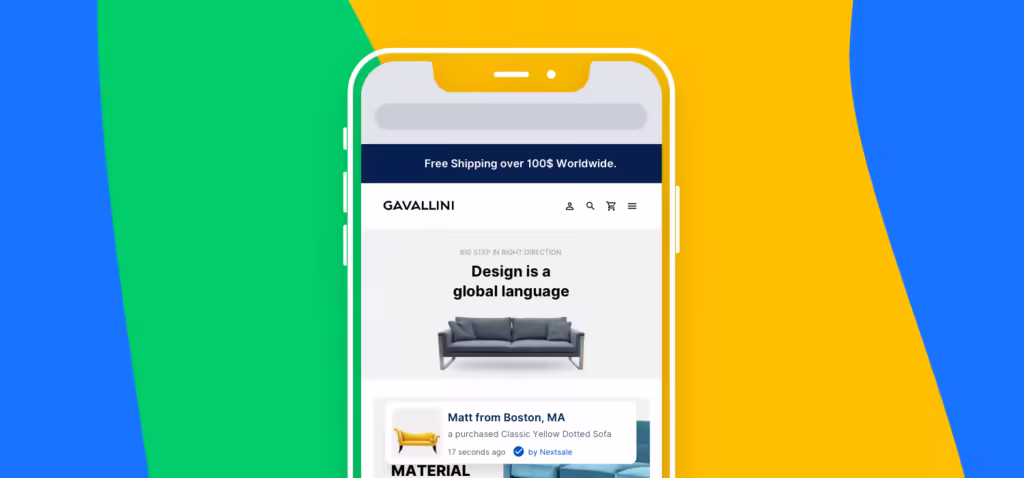 Phone displaying Gavallini site, showcasing furniture purchases and free shipping.