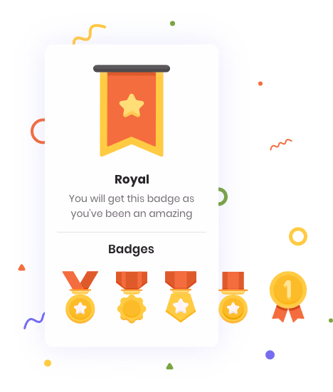 Collection of rewards badges, including the "Royal" badge.