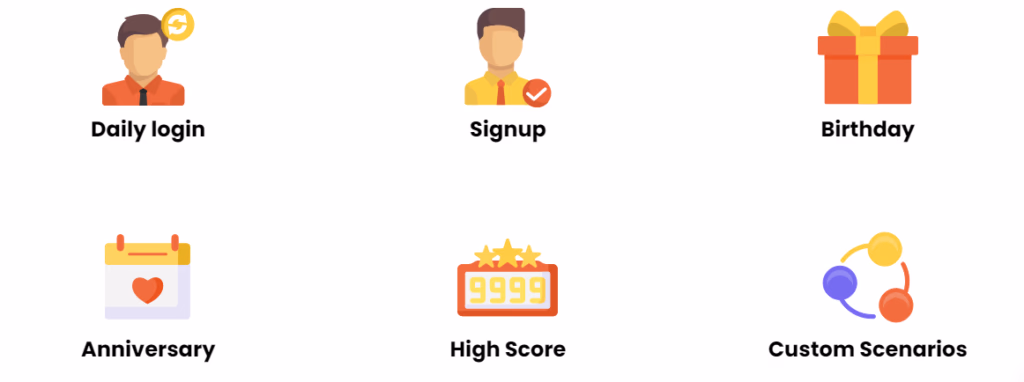 Vector icons for daily login, signup, birthday, anniversary, high score, and custom scenarios.