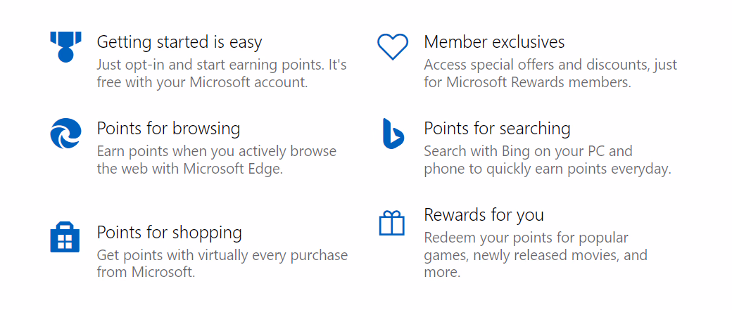 Microsoft Rewards program benefits, including points for browsing, searching, and shopping.