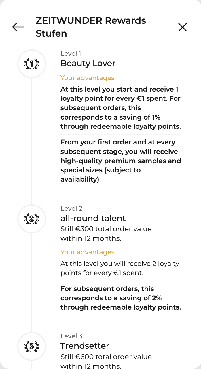 Zeitwunder rewards levels: Beauty Lover, all-round talent, and Trendsetter with information about the advantages.
