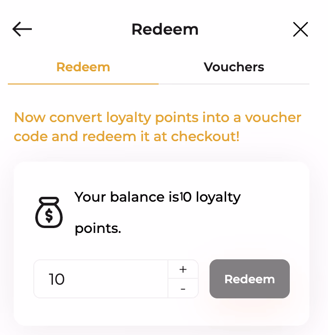 Screenshot of a redeem loyalty points page, with a balance of 10 points.
