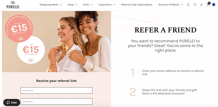 PURELEI website's refer-a-friend program with two models wearing jewelry.
