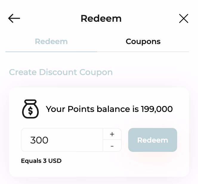 Screenshot of "Redeem" screen in an app with 199,000 points redeemable for cash.