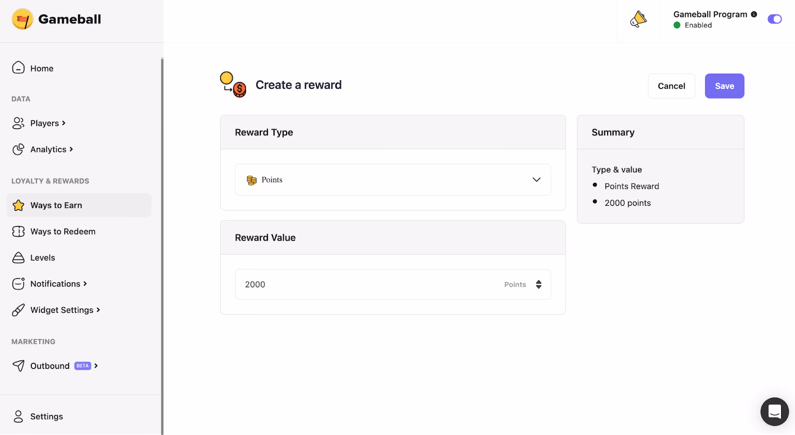 Gameball user interface with a "Create a reward" form for points.