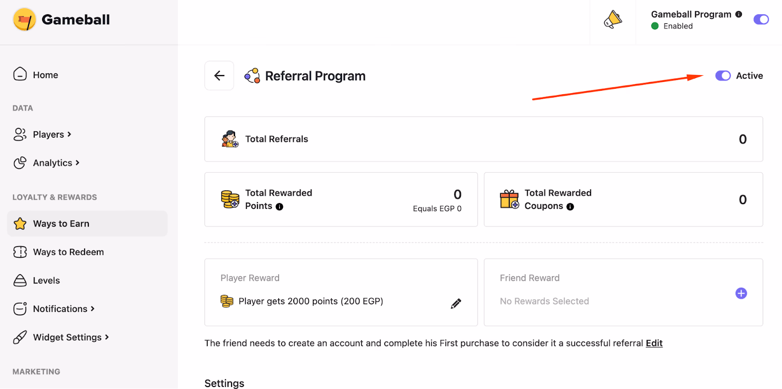 Gameball dashboard with the referral program active.
