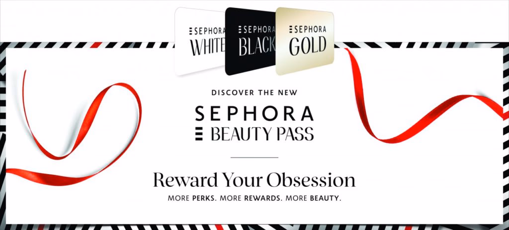 Sephora Beauty Pass promotion featuring white, black, and gold cards.