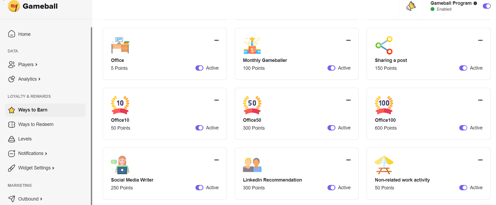 Gamification platform showing rewards and ways to earn points, like attending office or social media posts.