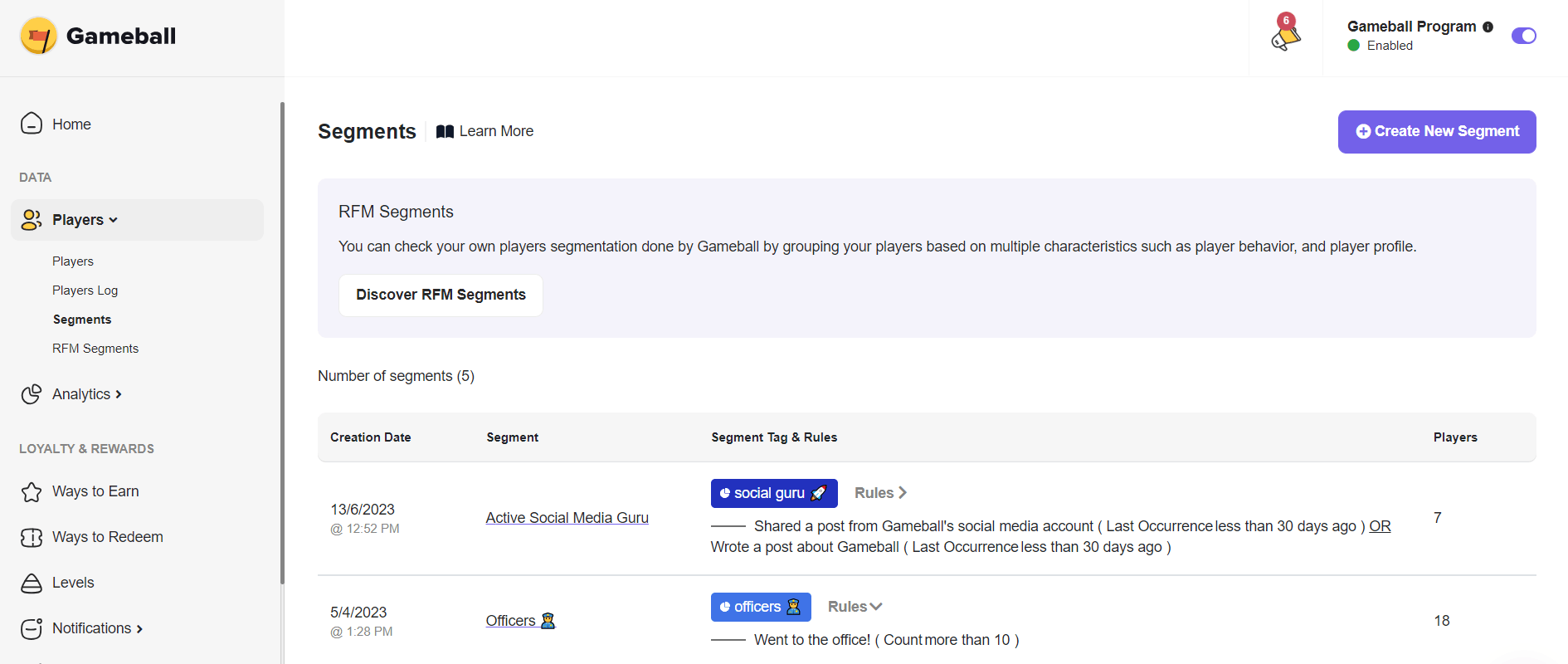 Gameball's RFM segments dashboard showing segment names,creation date, rules and player numbers.