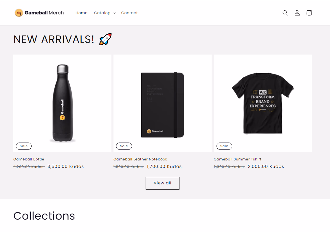 Gameball merchandise website featuring new arrivals: a water bottle, notebook, and t-shirt.