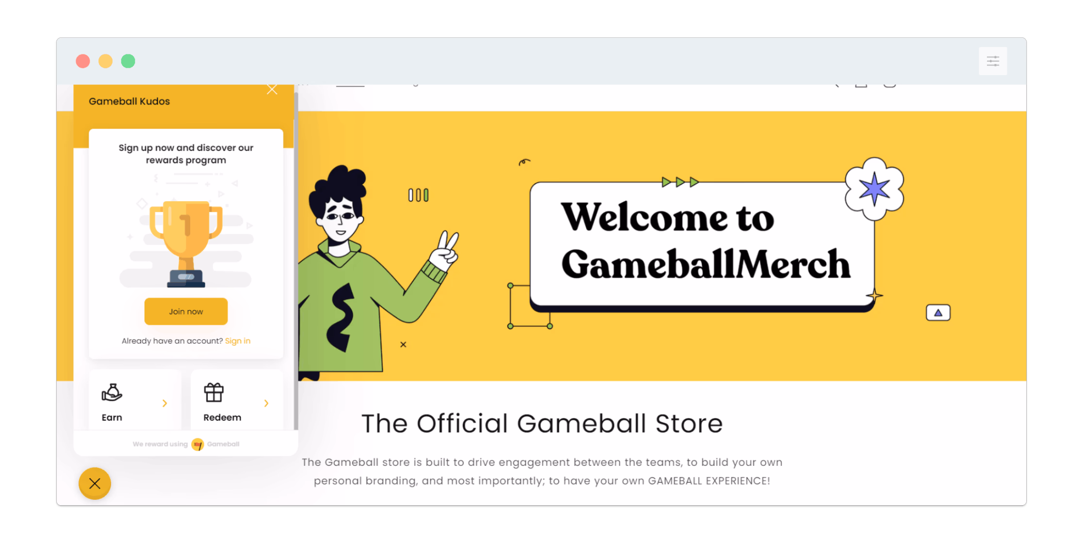 GameballMerch webpage with a sign-up popup featuring an illustration of a gold trophy.