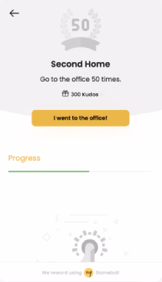 Screenshot of a "Second Home" gamification achievement: "Go to the office 50 times."