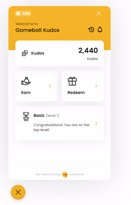 Screenshot of the Gameball Kudos reward program interface with points, earning, and redemption options.