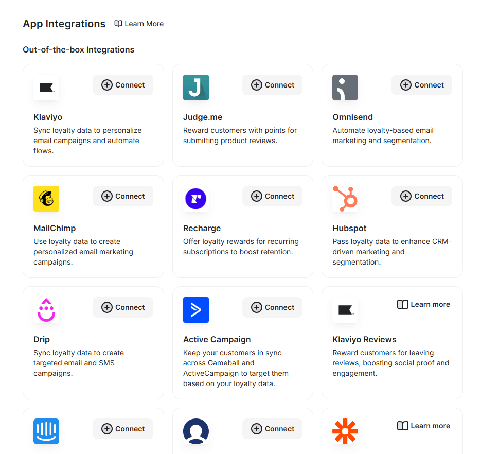 Screenshot of app integrations: Klaviyo, Judge.me, Omnisend, MailChimp, Recharge, Hubspot, Drip, Active Campaign, Klaviyo Reviews.