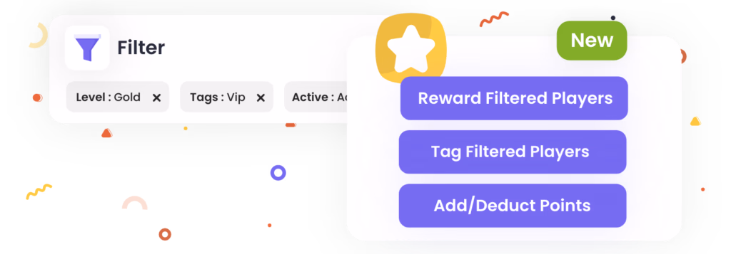 Game interface with filter options, reward actions, and colorful abstract background.