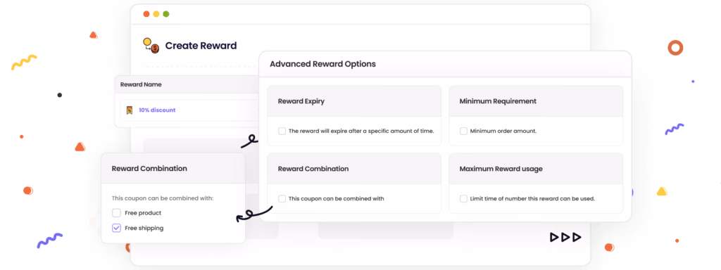A 'Create Reward' administrative interface with discount and reward options illustrated.
