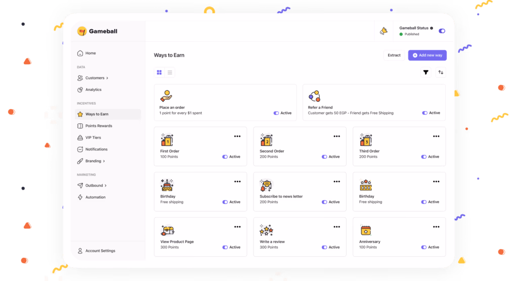 Gameball's "Ways to Earn" screen displaying various incentive options and their point values.
