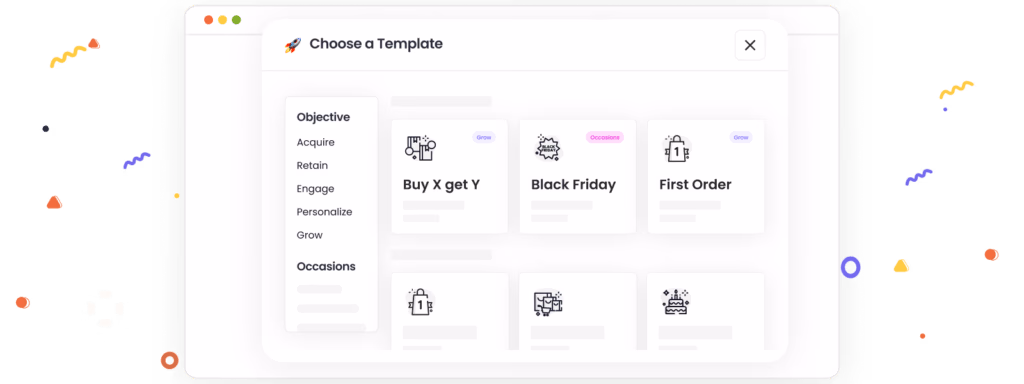Template selection interface showing options like "Buy X get Y" and "Black Friday."