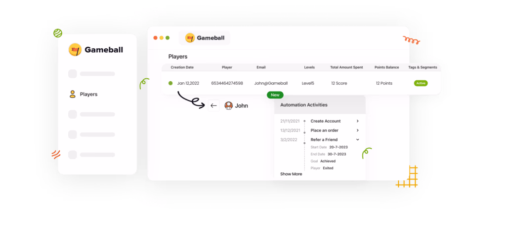 Gameball interface showing a player's information and automation activities.