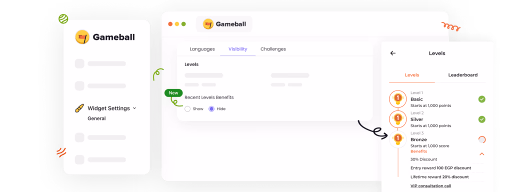 Gameball interface with visibility settings to hide/show recent levels benefits.