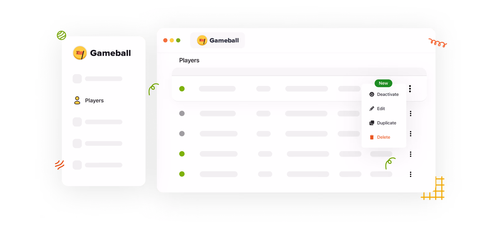 Screenshot of Gameball's "Players" table, with options like Deactivate, Edit, Duplicate, and Delete.