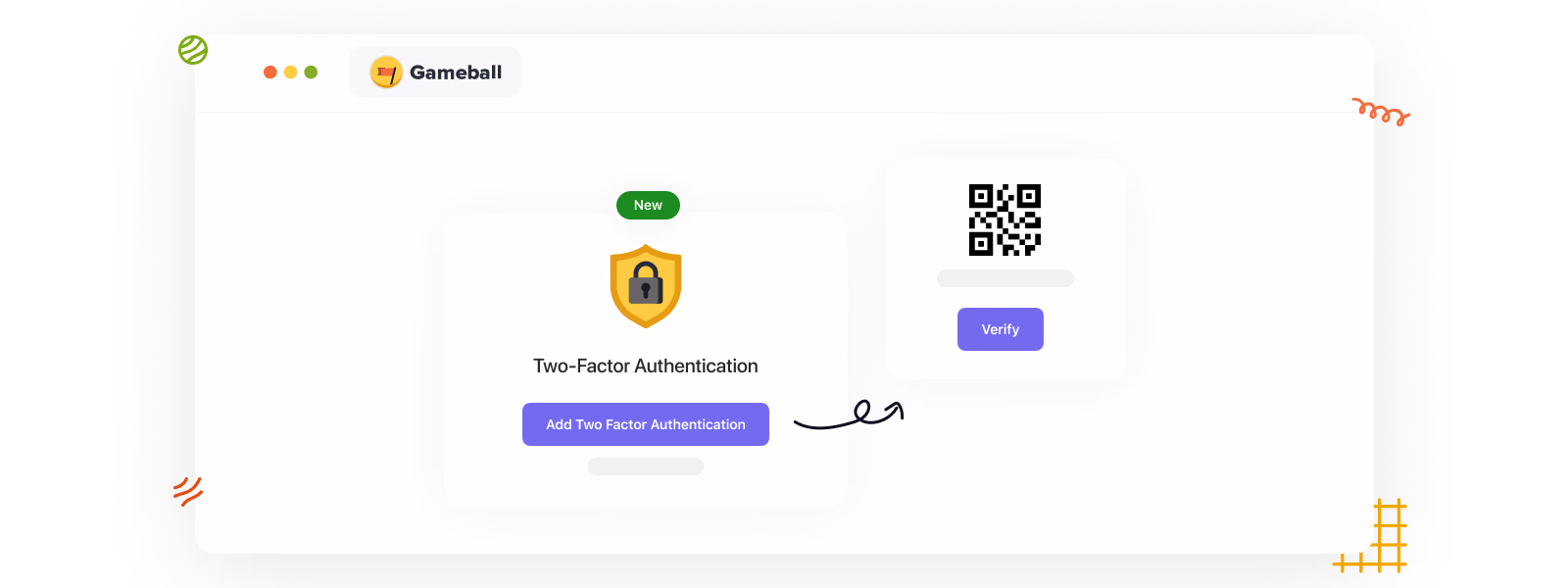Gameball platform showing Two Factor Authentication screen with QR code to verify.